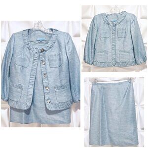 Antonio Melani Sz 4 Blue Linen Blend Ruffled Blazer Jacket Skirt Suit 2pc